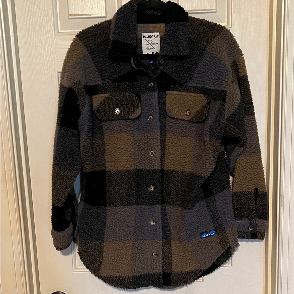 KAVU Brown and Gray Sherpa Jacket Shacket Shirt